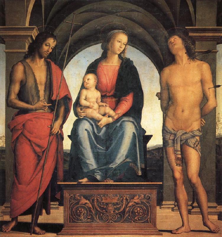 PERUGINO, Pietro Madonna and Child Enthroned with SS.John the Baptist and Sebastian Sweden oil painting art